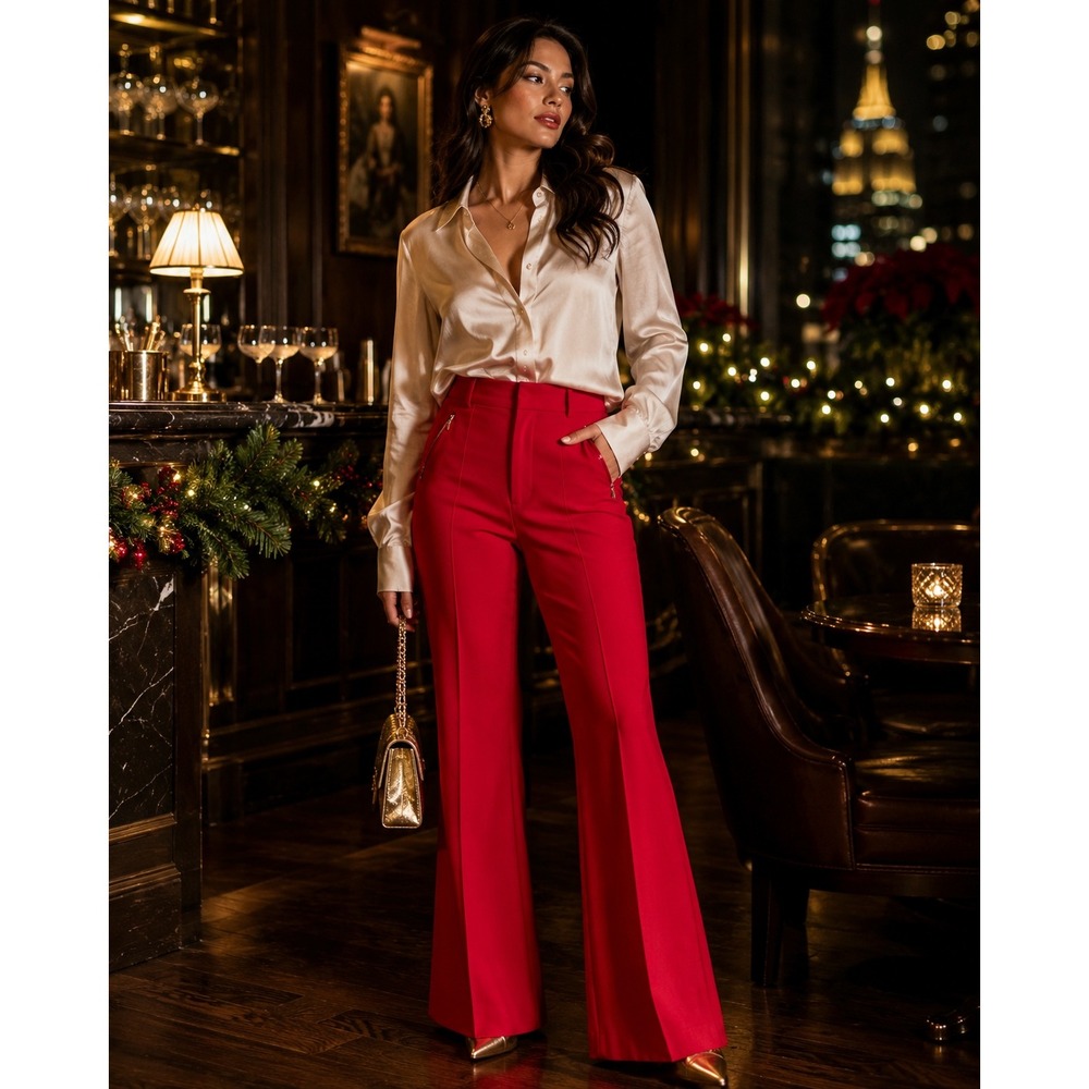 Anthropologie Essential Trouser 4 Red High Rise Flare Bell Bottom Pants Holiday
